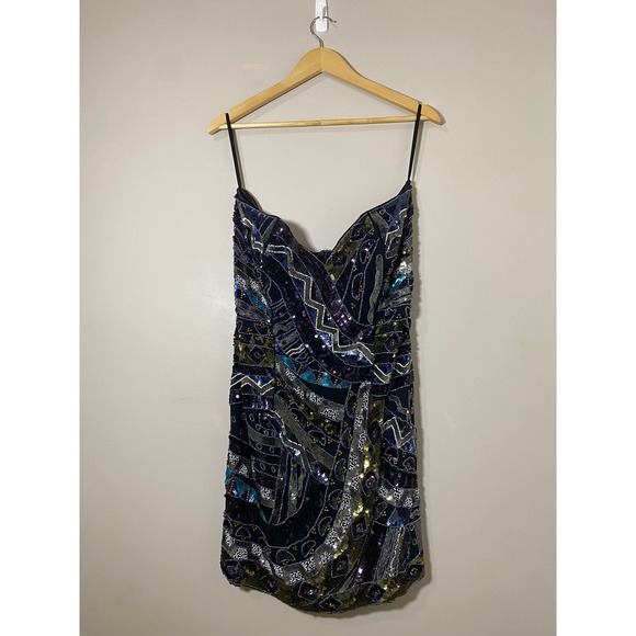 French Connection Dresses & Skirts - Art Deco Beaded Mini Dress Black Teal Geometric Size 12 EUC French Connection